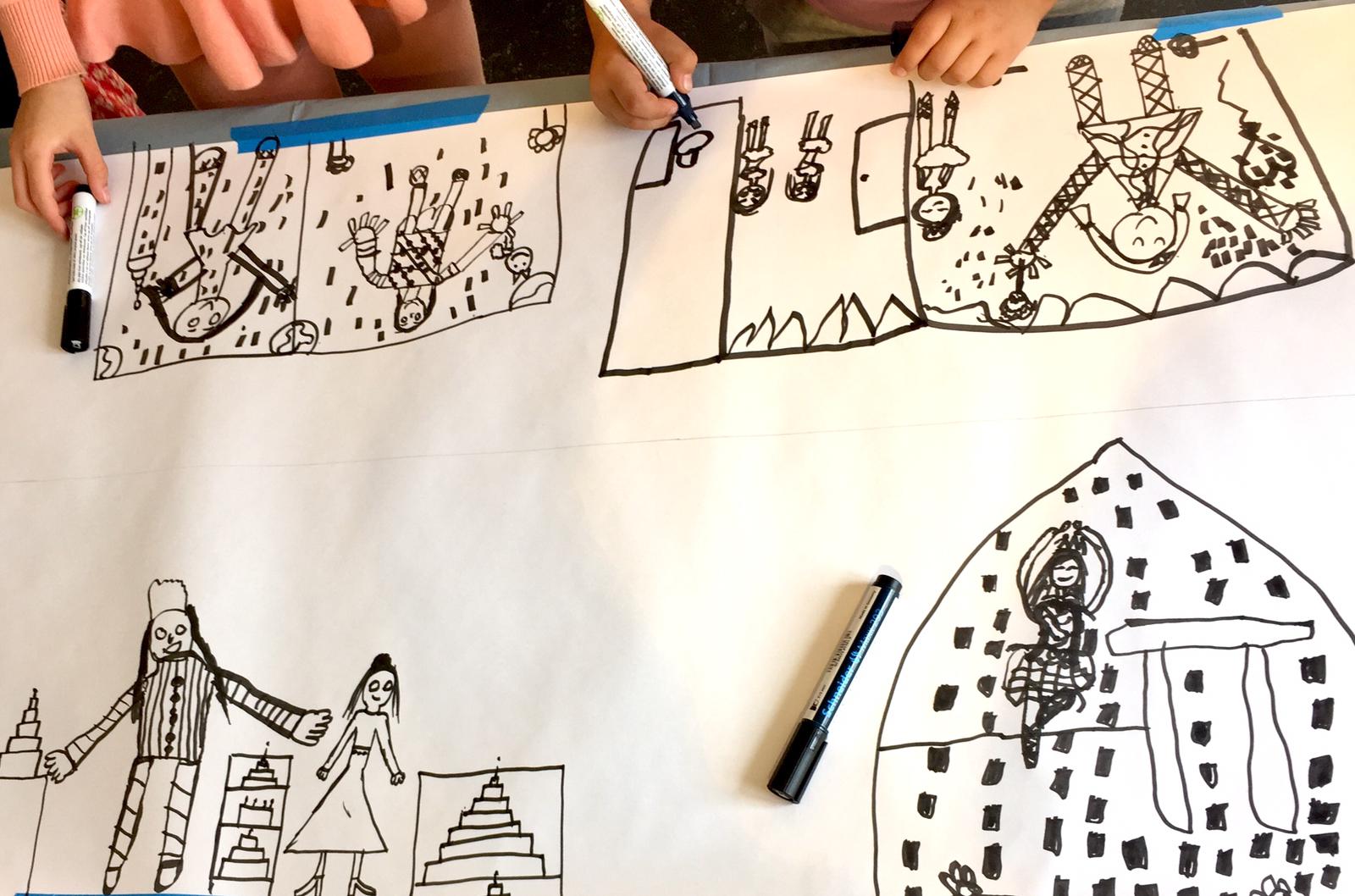 Kinderen maken mt whiteboard stiften hun eigen illustraties