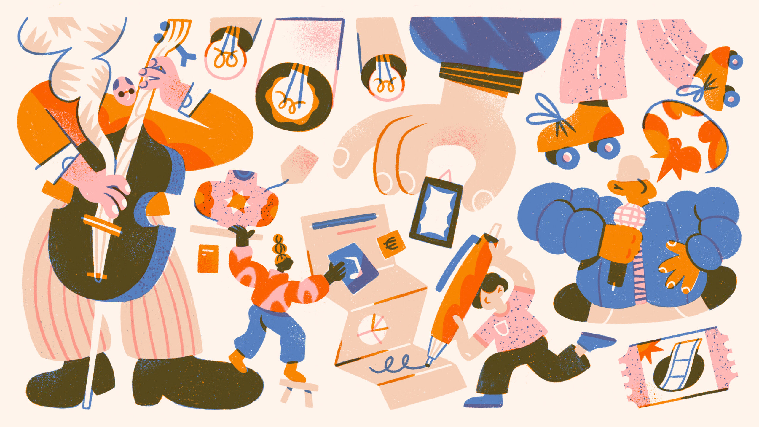 Illustratie van allerlei figuren die iets cultureels uitvoeren