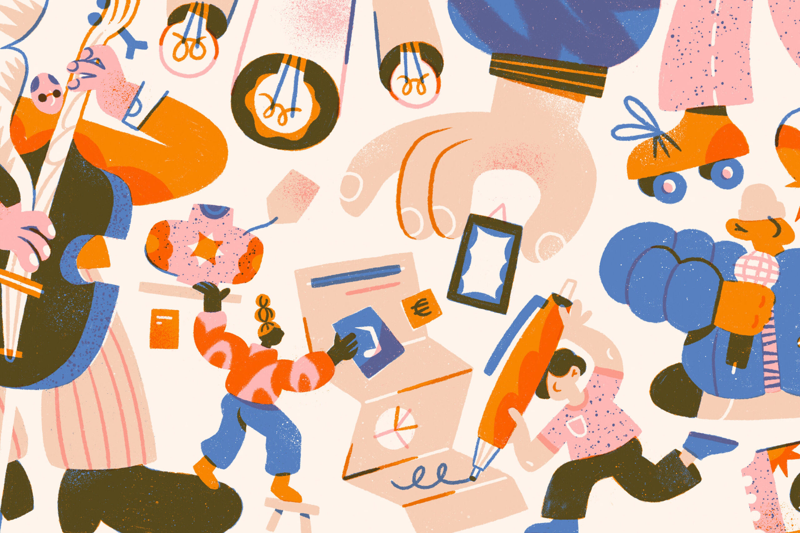 Illustratie van allerlei figuren die iets cultureels uitvoeren